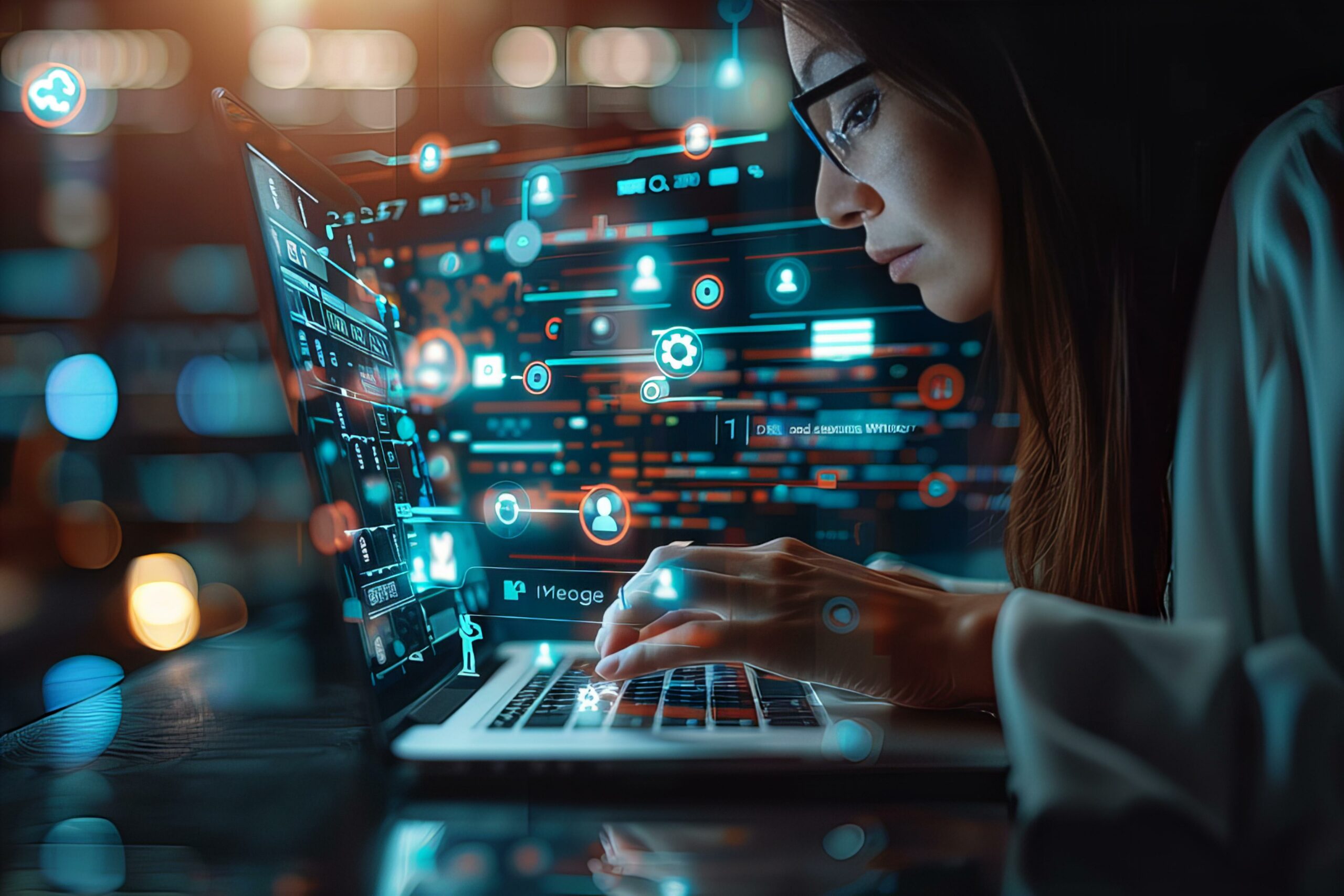 Woman typing on a laptop with tech graphics floating around