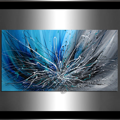 Abstract Art Blue Wall Art Large Painting on Canvas Modern Home Decor  - Winter Blossom - LargeModernArt