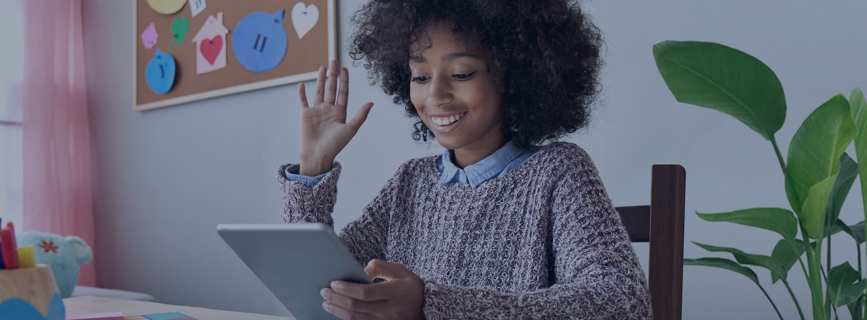 Woman at a laptop with her hand raised - Digital Equity Header